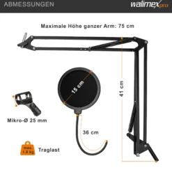 Walimex pro 360° Tischmikrofonarm mit Pop Filter & Windschutz, Mikrofonhalter mit 3/8"-5/8" Adapter, bis 1,8 kg, robuster Mikrofonständer für Tonaufnahmen