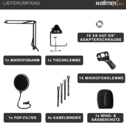 Walimex pro 360° Tischmikrofonarm mit Pop Filter & Windschutz, Mikrofonhalter mit 3/8"-5/8" Adapter, bis 1,8 kg, robuster Mikrofonständer für Tonaufnahmen