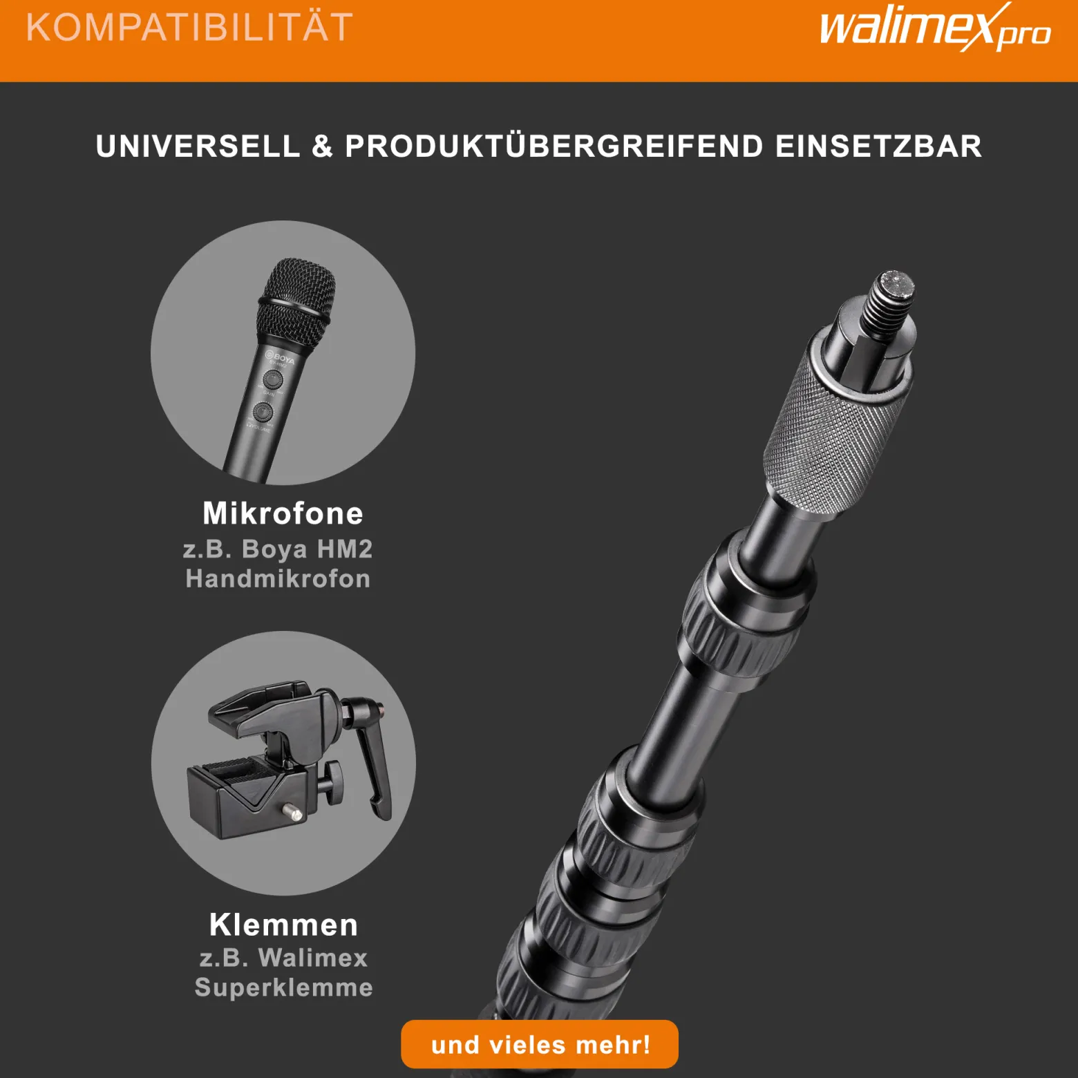 Walimex pro Tonangel MicPipe und Handstativ - 900 x 40 x 40 mm / max. Länge 3 m - mit 3/8" Gewinde und Kabelführung für Kabel mit max. 7 mm - Mikrofon-Angel für Mikro Video Zubehör