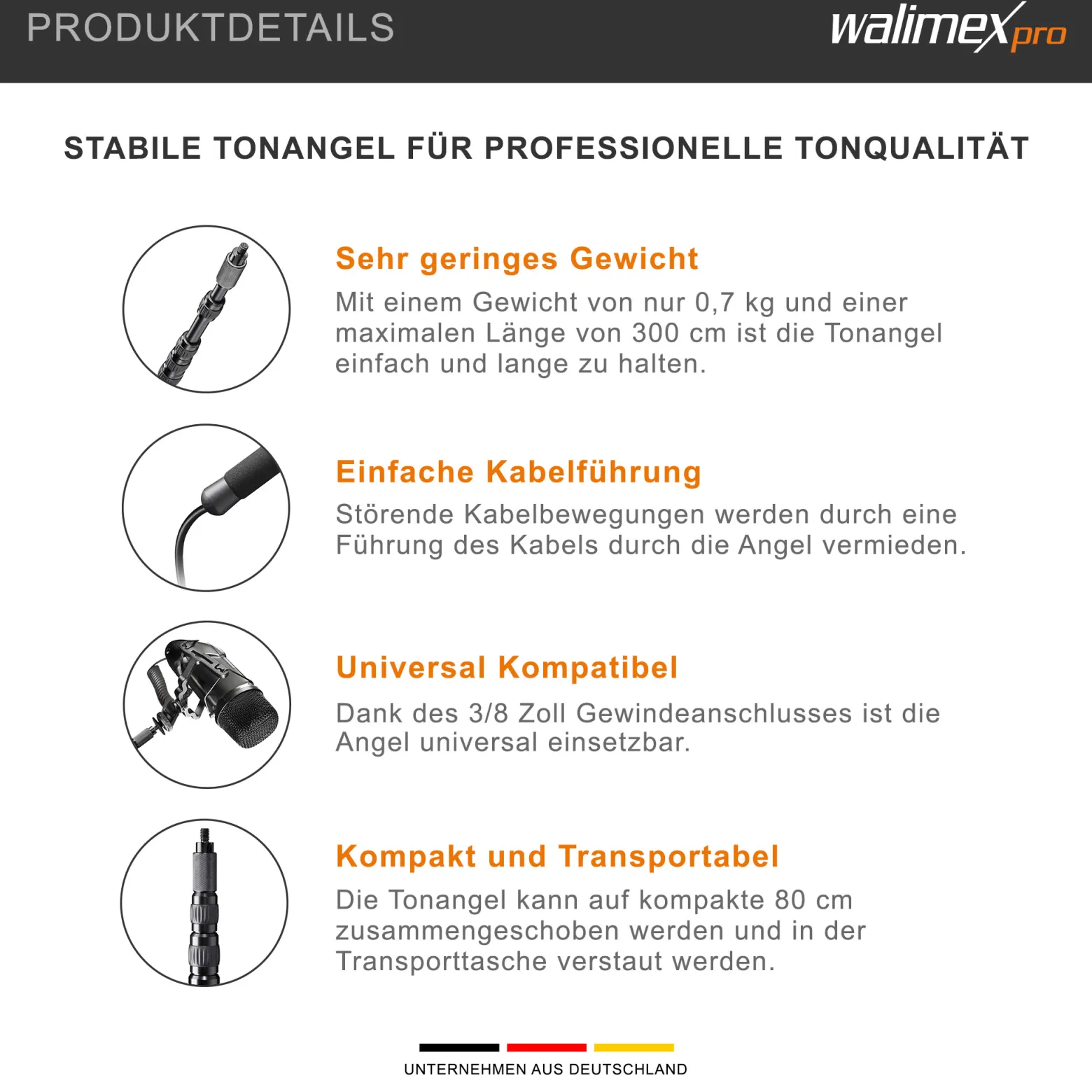 Walimex pro Tonangel MicPipe und Handstativ - 900 x 40 x 40 mm / max. Länge 3 m - mit 3/8" Gewinde und Kabelführung für Kabel mit max. 7 mm - Mikrofon-Angel für Mikro Video Zubehör