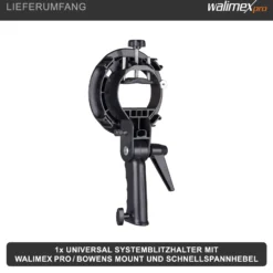 Walimex pro Universal Systemblitzhalter S-Type - Verstellbar 25-52,8 mm - für Systemblitze, Kompaktblitze, ideal für Softboxen, Reflektoren, Beauty Dish, Reflexschirme - schwarz