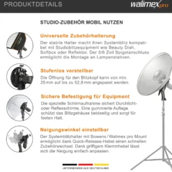 Walimex pro Universal Systemblitzhalter S-Type - Verstellbar 25-52,8 mm - für Systemblitze, Kompaktblitze, ideal für Softboxen, Reflektoren, Beauty Dish, Reflexschirme - schwarz