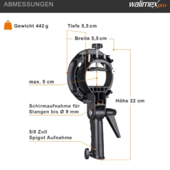 Walimex pro Universal Systemblitzhalter S-Type - Verstellbar 25-52,8 mm - für Systemblitze, Kompaktblitze, ideal für Softboxen, Reflektoren, Beauty Dish, Reflexschirme - schwarz