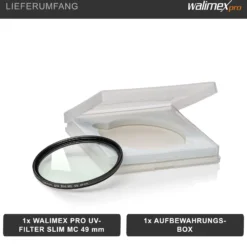 Walimex pro UV-Filter Slim MC 49mm - Schutz vor UV-Strahlen und Verschmutzung, Hochwertige Mehrschichtvergütung, mit äußerst dünner, gering auftragender Metallfassung, Inkl. Schutzhülle