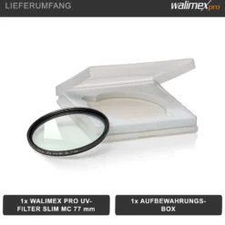 Walimex pro UV-Filter Slim MC 77mm - Schutz vor UV-Strahlen und Verschmutzung, Hochwertige Mehrschichtvergütung, mit äußerst dünner, gering auftragender Metallfassung, Inkl. Schutzhülle