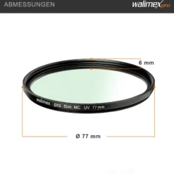 Walimex pro UV-Filter Slim MC 77mm - Schutz vor UV-Strahlen und Verschmutzung, Hochwertige Mehrschichtvergütung, mit äußerst dünner, gering auftragender Metallfassung, Inkl. Schutzhülle