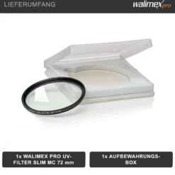 Walimex pro UV-Filter Slim MC 72mm - Schutz vor UV-Strahlen und Verschmutzung, Hochwertige Mehrschichtvergütung, mit äußerst dünner, gering auftragender Metallfassung, Inkl. Schutzhülle