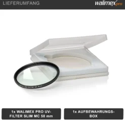 Walimex pro UV-Filter Slim MC 58mm - Schutz vor UV-Strahlen und Verschmutzung, Hochwertige Mehrschichtvergütung, mit äußerst dünner, gering auftragender Metallfassung, Inkl. Schutzhülle
