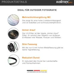 Walimex pro UV-Filter Slim MC 82mm - Schutz vor UV-Strahlen und Verschmutzung, Hochwertige Mehrschichtvergütung, mit äußerst dünner, gering auftragender Metallfassung, Inkl. Schutzhülle
