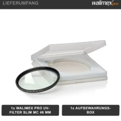 Walimex pro UV-Filter Slim MC 46mm - Schutz vor UV-Strahlen und Verschmutzung, Hochwertige Mehrschichtvergütung, mit äußerst dünner, gering auftragender Metallfassung, Inkl. Schutzhülle