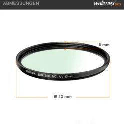 Walimex pro UV-Filter Slim MC 43mm - Schutz vor UV-Strahlen und Verschmutzung, Hochwertige Mehrschichtvergütung, mit äußerst dünner, gering auftragender Metallfassung, Inkl. Schutzhülle