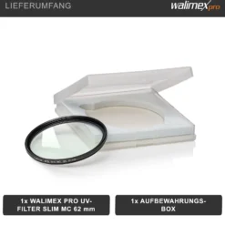 Walimex pro UV-Filter Slim MC 62mm - Schutz vor UV-Strahlen und Verschmutzung, Hochwertige Mehrschichtvergütung, mit äußerst dünner, gering auftragender Metallfassung, Inkl. Schutzhülle
