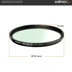Walimex pro UV-Filter Slim MC 62mm - Schutz vor UV-Strahlen und Verschmutzung, Hochwertige Mehrschichtvergütung, mit äußerst dünner, gering auftragender Metallfassung, Inkl. Schutzhülle