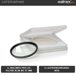 Walimex pro UV-Filter Slim MC 67mm - Schutz vor UV-Strahlen und Verschmutzung, Hochwertige Mehrschichtvergütung, mit äußerst dünner, gering auftragender Metallfassung, Inkl. Schutzhülle
