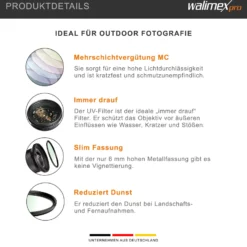 Walimex pro UV-Filter Slim MC 95mm - Schutz vor UV-Strahlen und Verschmutzung, Hochwertige Mehrschichtvergütung, mit äußerst dünner, gering auftragender Metallfassung, Inkl. Schutzhülle