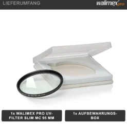 Walimex pro UV-Filter Slim MC 95mm - Schutz vor UV-Strahlen und Verschmutzung, Hochwertige Mehrschichtvergütung, mit äußerst dünner, gering auftragender Metallfassung, Inkl. Schutzhülle