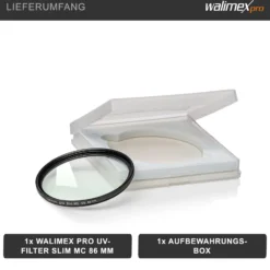 Walimex pro UV-Filter Slim MC 86mm - Schutz vor UV-Strahlen und Verschmutzung, Hochwertige Mehrschichtvergütung, mit äußerst dünner, gering auftragender Metallfassung, Inkl. Schutzhülle