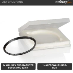 Walimex pro UV-Filter Slim Super DMC 52mm - besonders hochwertiger UV Filter Objektivfilter, Slim – nur 2,5 mm,16x Super DMC Vergütung, für Objektivschutz und brilliante Farben, mit Box