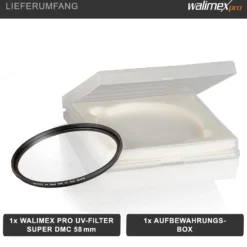 Walimex pro UV-Filter Slim Super DMC 58mm - besonders hochwertiger UV Filter Objektivfilter, Slim – nur 2,5 mm,16x Super DMC Vergütung, für Objektivschutz und brilliante Farben, mit Box