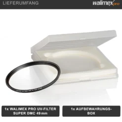 Walimex pro UV-Filter Slim Super DMC 49mm - besonders hochwertiger UV Filter Objektivfilter, Slim – nur 2,5 mm,16x Super DMC Vergütung, für Objektivschutz und brilliante Farben, mit Box