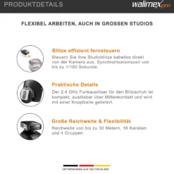 Walimex pro VE & VC & Newcomer Studioblitz Auslöser - Kabellose Fernsteuerung bis zu 30 m, Blitzauslöser mit 16 Kanäle, 4 Gruppen, 1/160 Sek. Synchronisation - Perfekt für schnelle Bewegungen