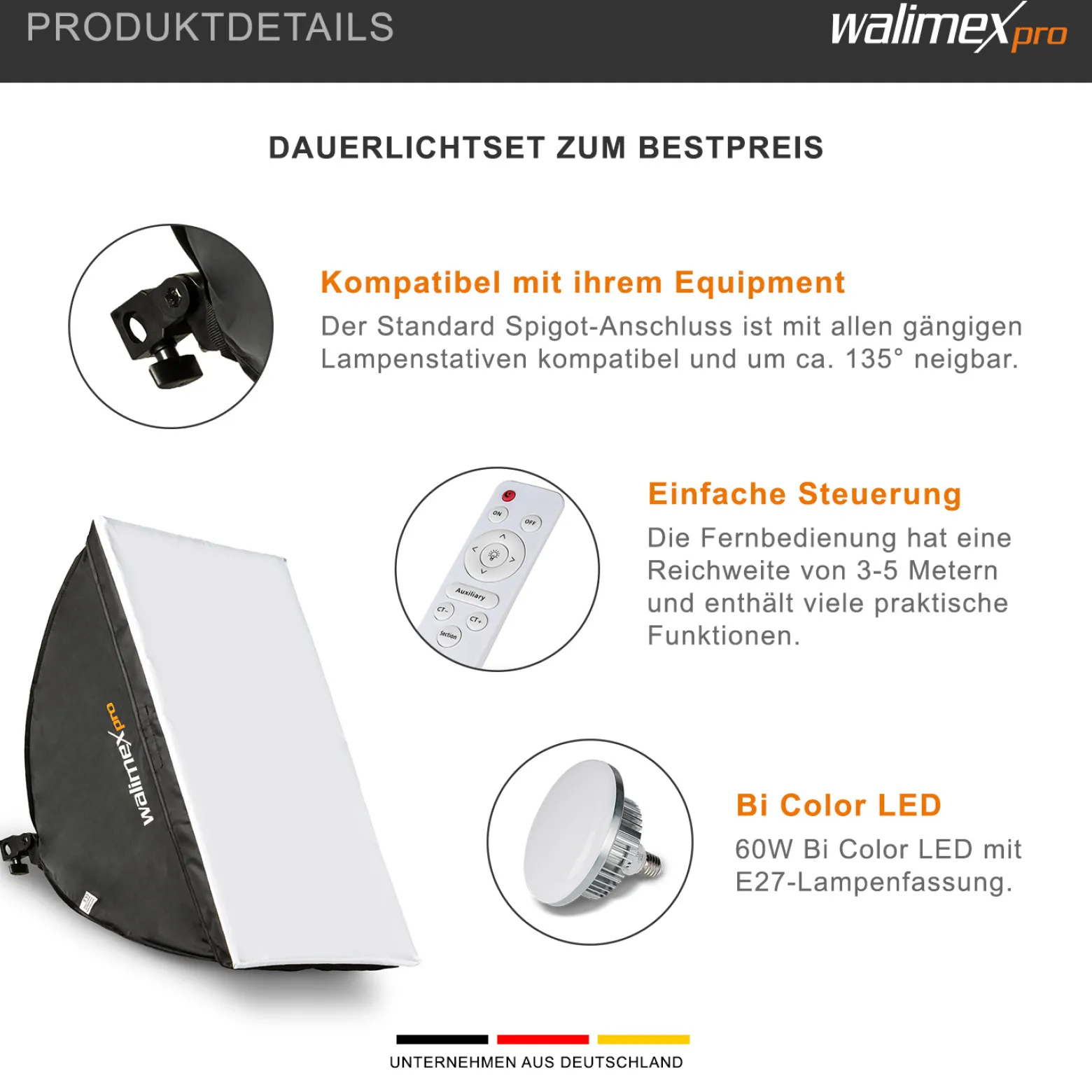 Walimex pro Video-Beleuchtung mit 60 W LED Softbox 40 x 60 cm, leistungsstarkes Dauerlicht für Fotostudio mit Diffusor und Fernbedienung, Bi-Color Videoleuchte