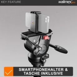 Walimex pro Videostativ Advanced 173 SH - 690 x 56 x 110 mm / Traglast max. 4 kg - mit Smartphone-Halterung und Tasche, 360° Neiger - für DSLR Kamera, Camcorder und Handy