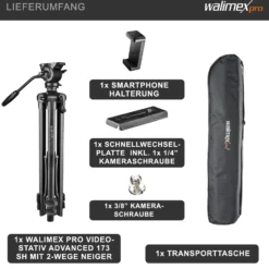 Walimex pro Videostativ Advanced 173 SH - 690 x 56 x 110 mm / Traglast max. 4 kg - mit Smartphone-Halterung und Tasche, 360° Neiger - für DSLR Kamera, Camcorder und Handy