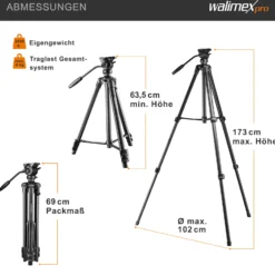 Walimex pro Videostativ Advanced 173 SH - 690 x 56 x 110 mm / Traglast max. 4 kg - mit Smartphone-Halterung und Tasche, 360° Neiger - für DSLR Kamera, Camcorder und Handy