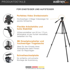 Walimex pro Videostativ Advanced 173 SH - 690 x 56 x 110 mm / Traglast max. 4 kg - mit Smartphone-Halterung und Tasche, 360° Neiger - für DSLR Kamera, Camcorder und Handy