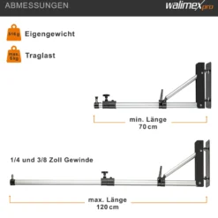 Walimex pro Wand-Lampenstativ 70-120cm – schwarz/silberfaben – 90 x 700 x 190 mm – Max. Traglast 6 kg – mit Spigot – Ständer Wandhalter für Studiolicht Studioblitz