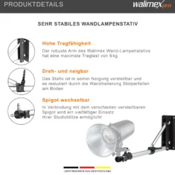 Walimex pro Wand-Lampenstativ 70-120cm – schwarz/silberfaben – 90 x 700 x 190 mm – Max. Traglast 6 kg – mit Spigot – Ständer Wandhalter für Studiolicht Studioblitz