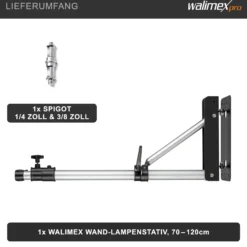 Walimex pro Wand-Lampenstativ 70-120cm – schwarz/silberfaben – 90 x 700 x 190 mm – Max. Traglast 6 kg – mit Spigot – Ständer Wandhalter für Studiolicht Studioblitz