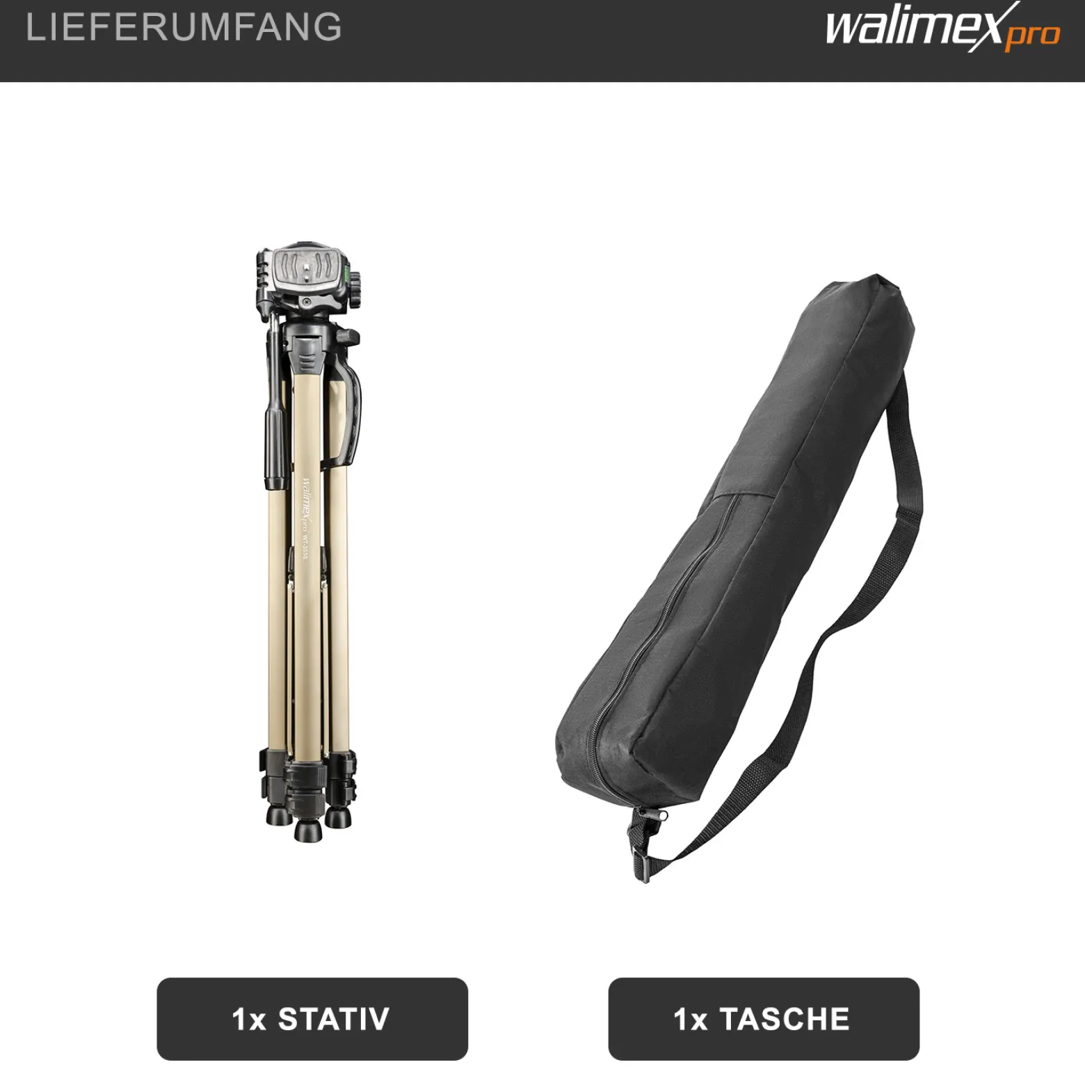 Walimex pro WT-3530 Basic-Stativ 146 cm bronzefarben, Dreibein Fotostativ höhenverstellbar 56-146 cm, Kamerastativ mit Wasserwaage, 3D-Neiger und 65 mm Schnellwechselplatte