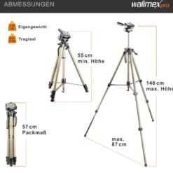 Walimex pro WT-3530 Basic-Stativ 146 cm bronzefarben, Dreibein Fotostativ höhenverstellbar 56-146 cm, Kamerastativ mit Wasserwaage, 3D-Neiger und 65 mm Schnellwechselplatte