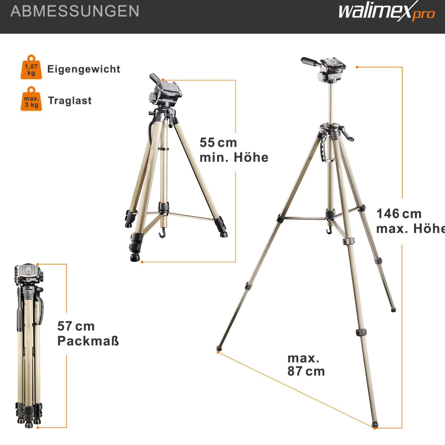 Walimex pro WT-3530 Basic-Stativ 146 cm bronzefarben, Dreibein Fotostativ höhenverstellbar 56-146 cm, Kamerastativ mit Wasserwaage, 3D-Neiger und 65 mm Schnellwechselplatte
