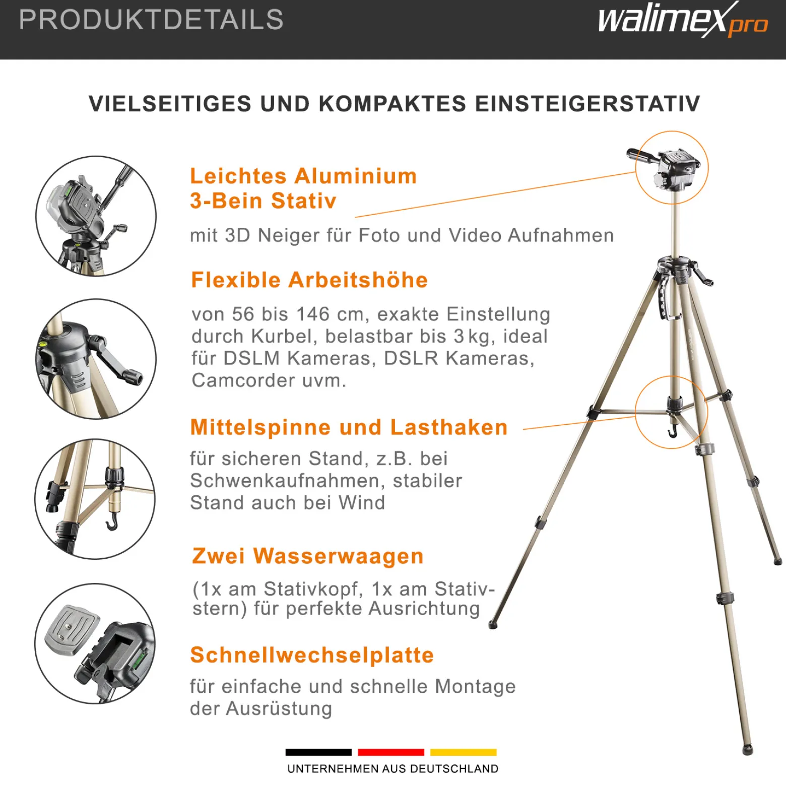 Walimex pro WT-3530 Basic-Stativ 146 cm bronzefarben, Dreibein Fotostativ höhenverstellbar 56-146 cm, Kamerastativ mit Wasserwaage, 3D-Neiger und 65 mm Schnellwechselplatte