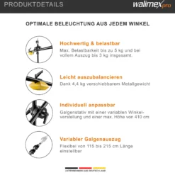 Walimex pro WT-501 Galgenstativ, verstellbares Lichtstativ mit 215 cm Haltearm, 4,4 kg Gegengewicht, 1/4 Zoll Gewinde für Softbox, Studiolicht, Reflektor, Blitz, ideal für Produktaufnahmen