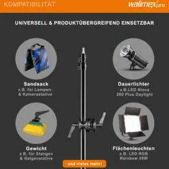 Walimex pro WT-501 Galgenstativ, verstellbares Lichtstativ mit 215 cm Haltearm, 4,4 kg Gegengewicht, 1/4 Zoll Gewinde für Softbox, Studiolicht, Reflektor, Blitz, ideal für Produktaufnahmen