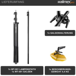Walimex pro WT-501 Galgenstativ, verstellbares Lichtstativ mit 215 cm Haltearm, 4,4 kg Gegengewicht, 1/4 Zoll Gewinde für Softbox, Studiolicht, Reflektor, Blitz, ideal für Produktaufnahmen
