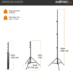 Walimex pro WT-420 Lampenstativ 420 cm, höhenverstellbares Lichtstativ belastbar bis 7,5 kg, Blitzstativ mit 5/8 Zoll Spigot, Studiostativ mit Federdämpfung