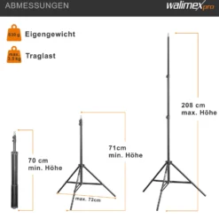 Walimex pro WT-803 Lampenstativ höhenverstellbar bis 208 cm, Lichtstativ aus Aluminium mit Tasche + Adapter, Studiostativ max. Traglast 3,5 kg, Blitzstativ für Studio und Mobil