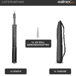 Walimex pro WT-803 Lampenstativ höhenverstellbar bis 208 cm, Lichtstativ aus Aluminium mit Tasche + Adapter, Studiostativ max. Traglast 3,5 kg, Blitzstativ für Studio und Mobil