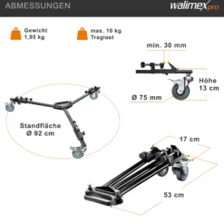 Walimex pro WT-600 Stativwagen für Dreibein- und Lampenstative, Transport Wagen Aluminium bis 10 kg Traglast, Stativ Zubehör für Studiofotografie