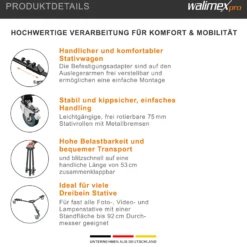 Walimex pro WT-600 Stativwagen für Dreibein- und Lampenstative, Transport Wagen Aluminium bis 10 kg Traglast, Stativ Zubehör für Studiofotografie