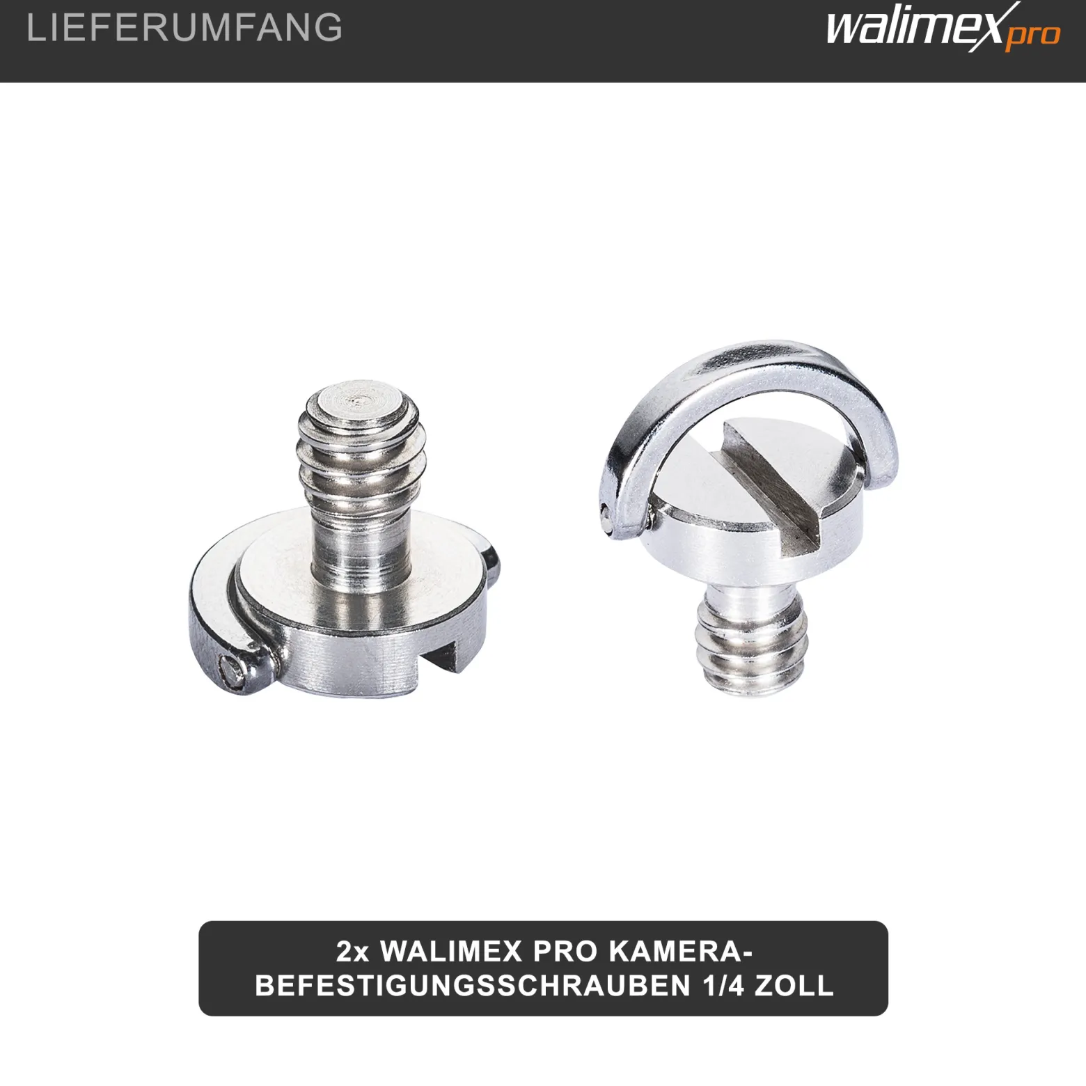 Walimex pro 2x Kamera Befestigungsschrauben 1/4 Zoll, Kameraschrauben aus Edelstahl, Kamera Schraube für Schnellwechselplatte, Stativkopf, Kugelkopf