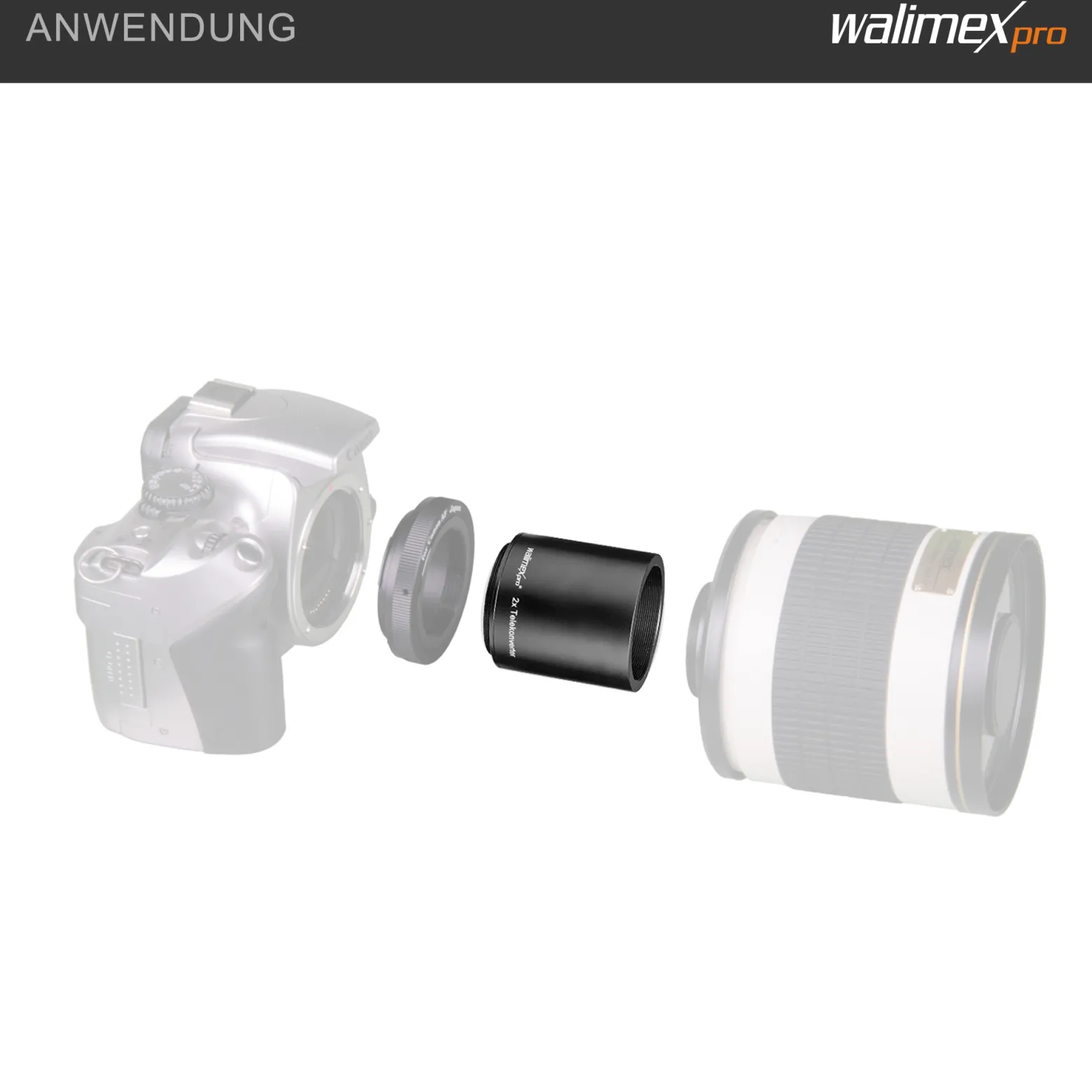 Walimex pro 2x Konverter T2 - 50 x 50 x 52 mm - mit mehrfachvergüteten Glaslinsen - Telekonverter zur Verdoppelung des Zoombereichs - Zubehör Foto Studio Objektive