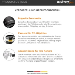Walimex pro 2x Konverter T2 - 50 x 50 x 52 mm - mit mehrfachvergüteten Glaslinsen - Telekonverter zur Verdoppelung des Zoombereichs - Zubehör Foto Studio Objektive
