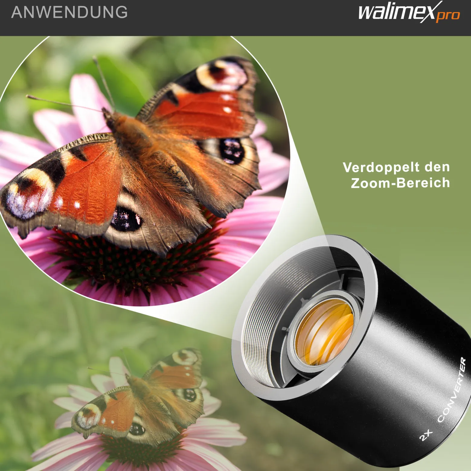 Walimex pro 2x Konverter T2 - 50 x 50 x 52 mm - mit mehrfachvergüteten Glaslinsen - Telekonverter zur Verdoppelung des Zoombereichs - Zubehör Foto Studio Objektive