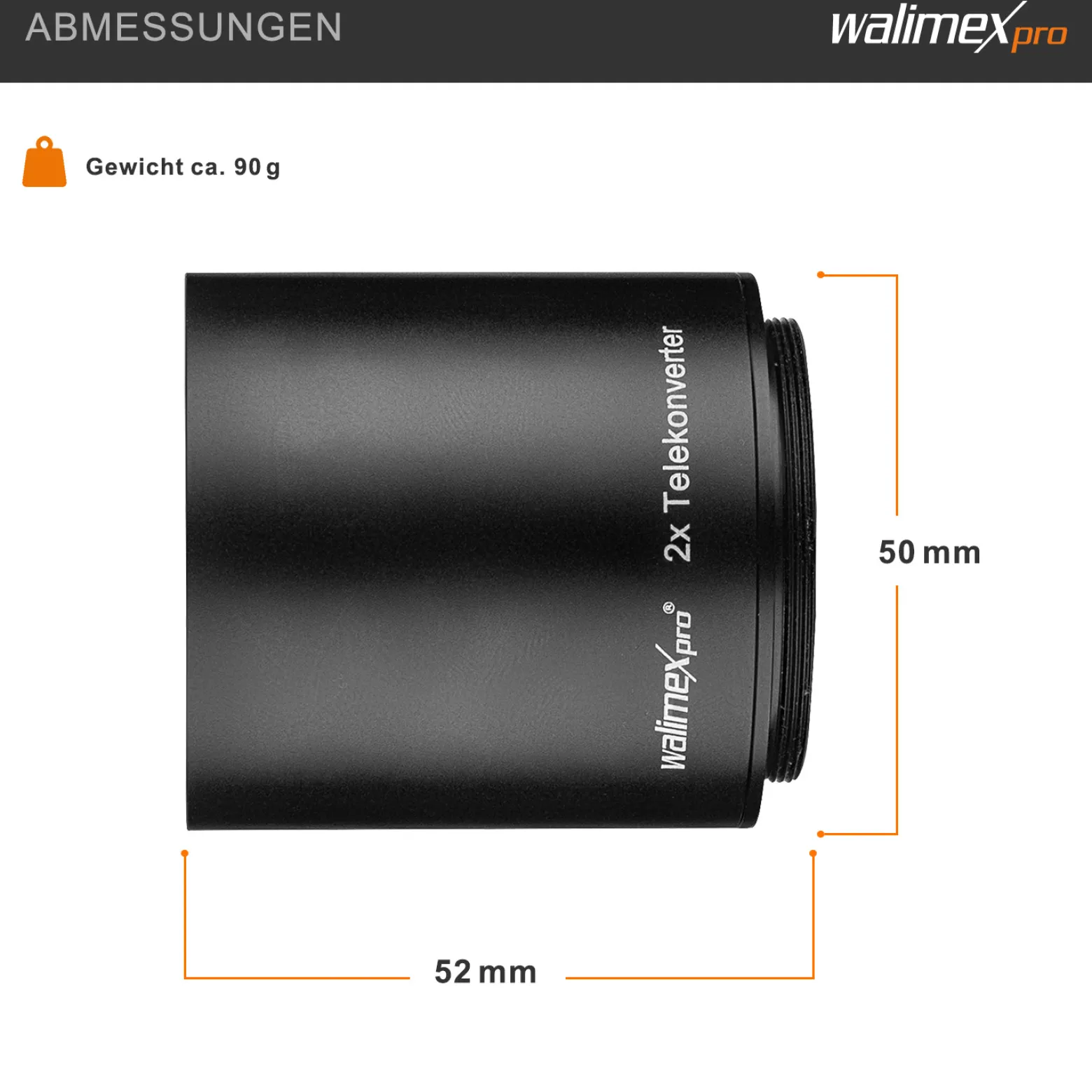 Walimex pro 2x Konverter T2 - 50 x 50 x 52 mm - mit mehrfachvergüteten Glaslinsen - Telekonverter zur Verdoppelung des Zoombereichs - Zubehör Foto Studio Objektive